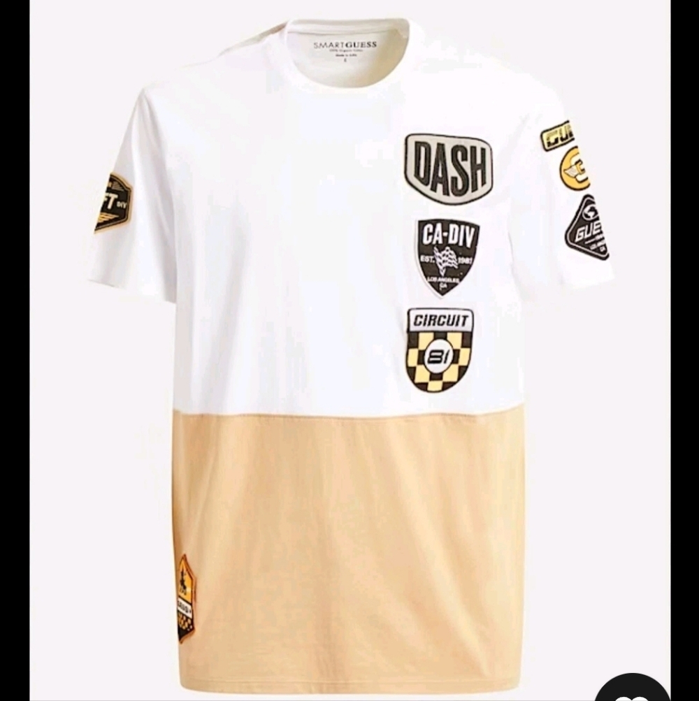 Guess White and Tan Men's Patch Tee